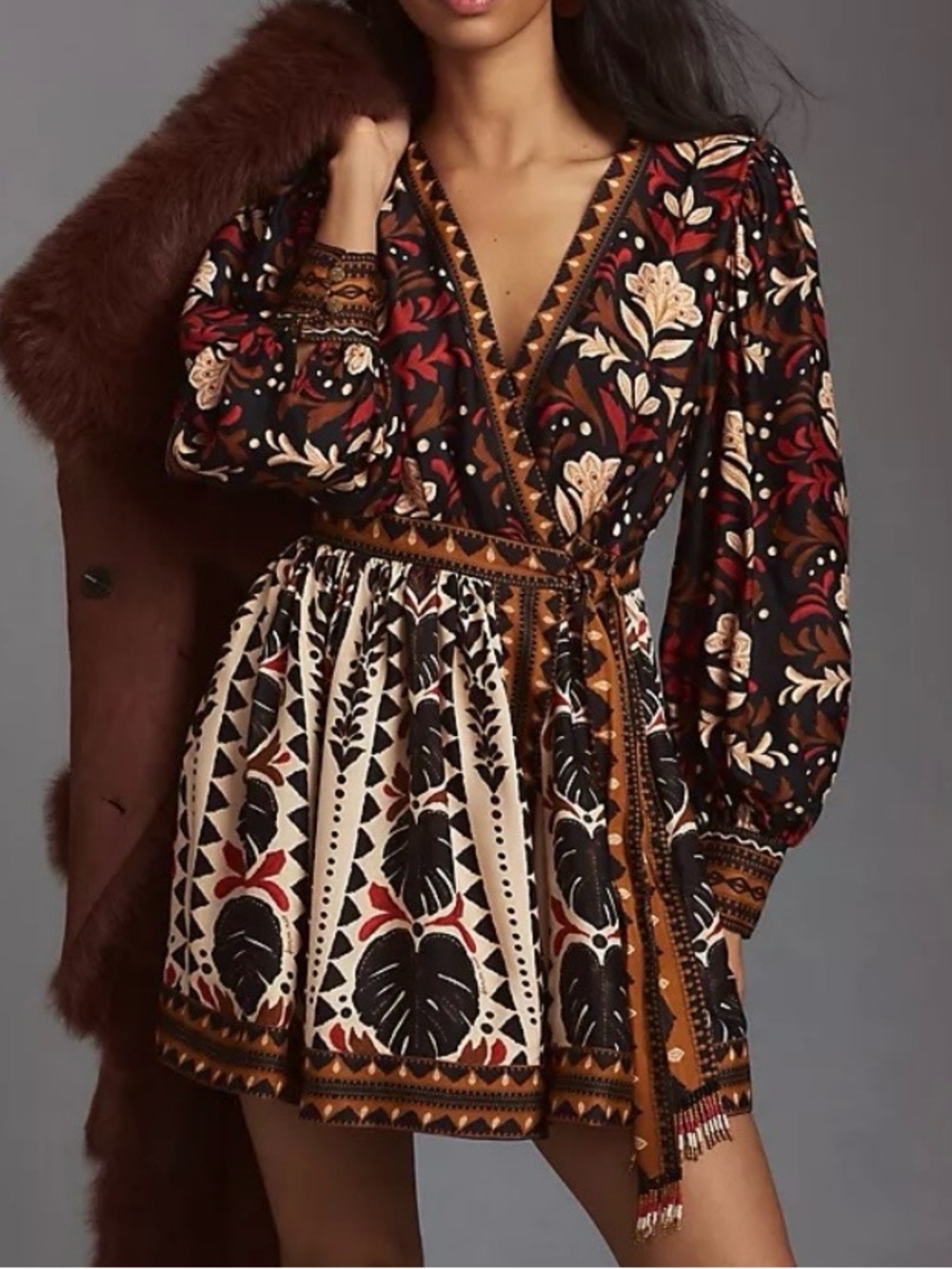FARM Rio Tapestry Garden Dress Women’s S Red Brown Belted Mini Wrap Boho NWT